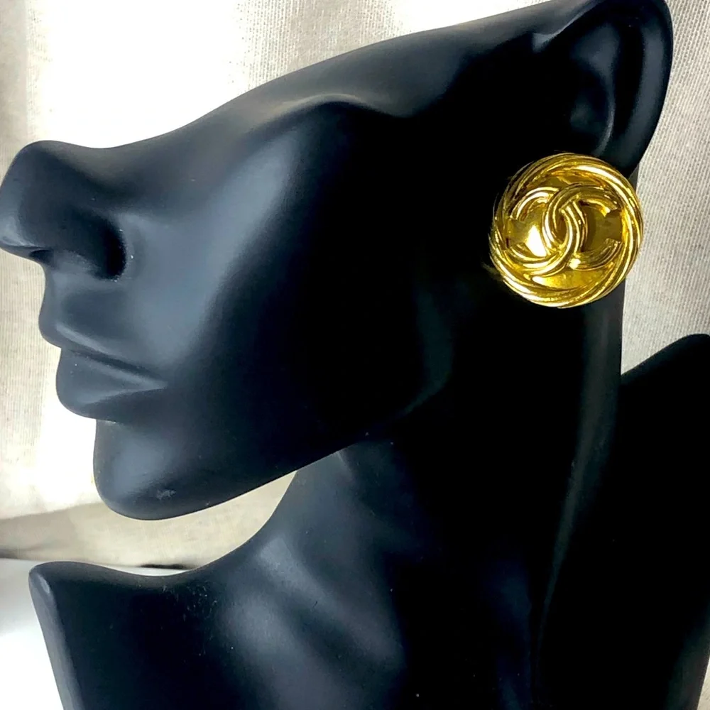 CHANEL Gold Interlinked CC Rope Bezel Detail Statement Earrings w/ Box